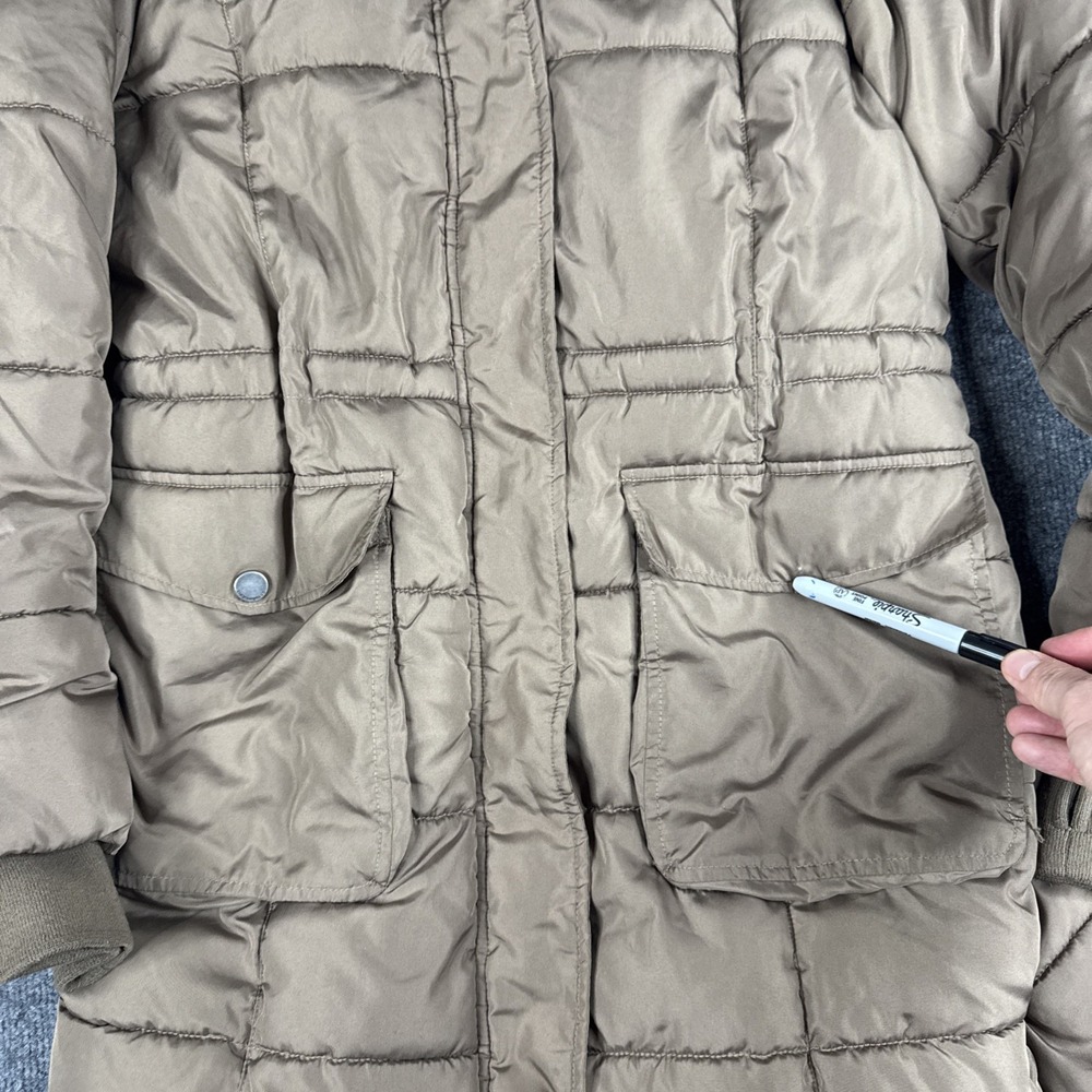 Lucky Brand Womens Quilted Puffer Jacket Brown Medium Sherpa Lined Hooded Zip Up - Picture 2 of 12